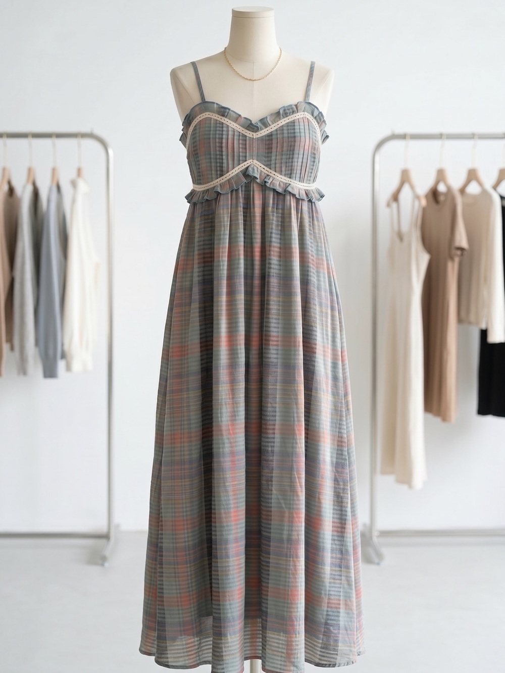 SHEIN Pastel Plaid Ruffle-Trim Maxi Dress